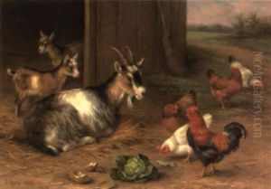 Goats And Chickens By A Barn by Edgar Hunt