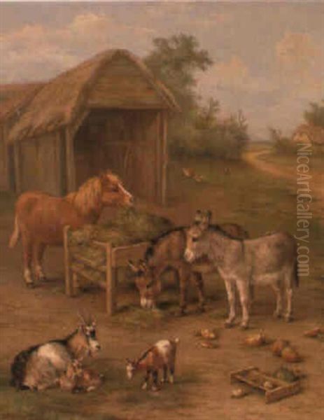 Turkeys, Goats And A Pony Before A Barn - view 1