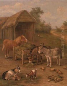 Turkeys, Goats And A Pony Before A Barn by Edgar Hunt