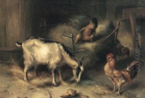 A Goat And Chickens In A Stable by Edgar Hunt