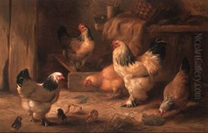 Hens And Their Chicks In A Wood Shed by Edgar Hunt