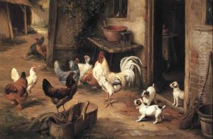 Cockerel, Hens And Puppies At A Cottage Doorway