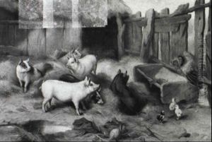 Pigs, Chicks And A Cockerel In A Farmyard by Edgar Hunt
