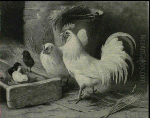 Cockerel With A Hen And Chicks - view 1