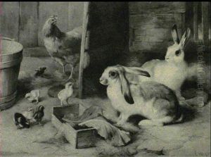 Rabbits And Chicks In A Barn