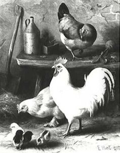 Rooster And Chickens In The Barnyard by Edgar Hunt