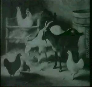 Goats, A Cockerell And Chickens In A Barn by Edgar Hunt