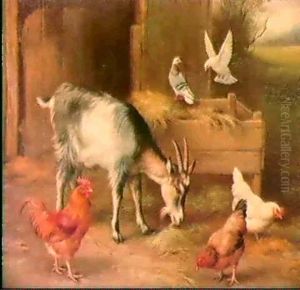Goats, Doves And Poultry In A Farmyard by Edgar Hunt