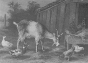 Goat, Ducks And Poultry In A Farmyard by Edgar Hunt