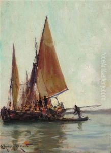 A Yacht At Anchor And A Fishing Boat And Tender (pair) by Edmund Aubrey Hunt