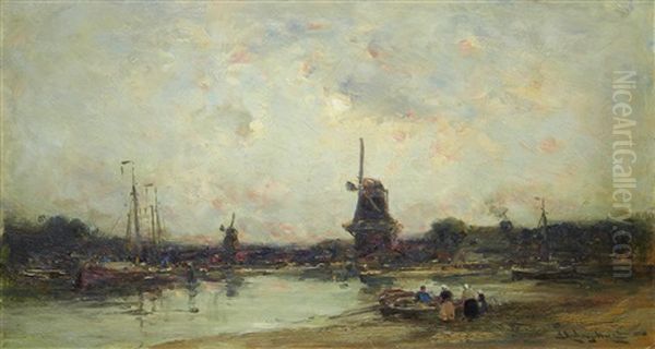 River Landscape With Boats And Windmills - view 1