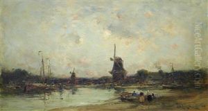 River Landscape With Boats And Windmills by Edmund Aubrey Hunt