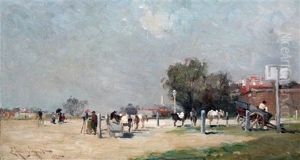 Figures And Donkeys On The Edge Of A Park Figures And Donkeys On The Edge Of A Park