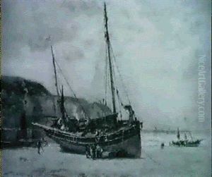 A Coastal Scene With Figures Tending A Beached Boat