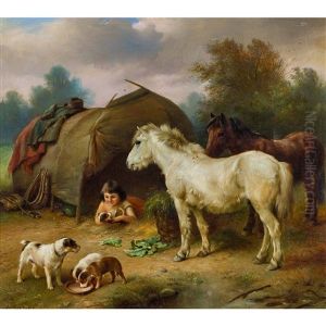 Madchen, Pferde Und Hundewelpen Vor Einem Zelt