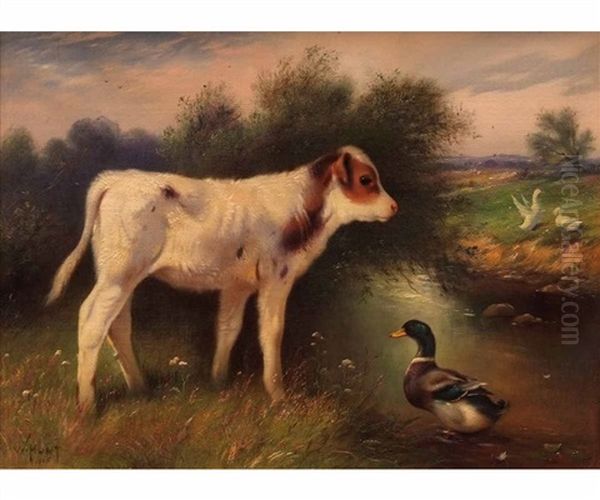 Calf With Duck By A River Oil On Canvas - view 1