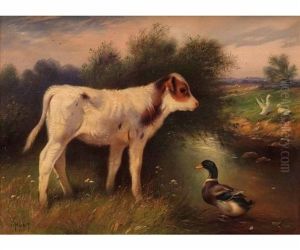 Calf With Duck By A River Oil On Canvas by Walter Hunt