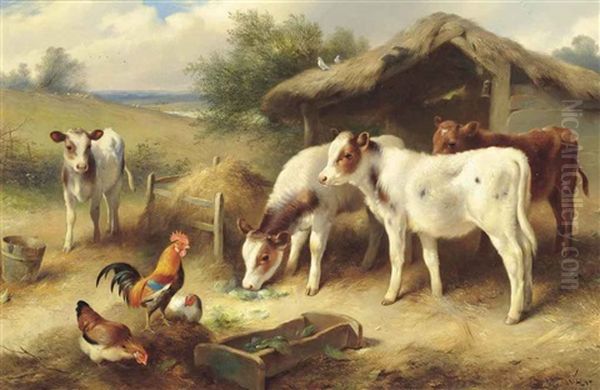 Calves, A Cockerel And Hens Beside A Barn - view 1