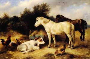 Ponies, A Calf And Poultry In A Farmyard by Walter Hunt