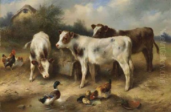 Calves, Chickens And A Duck Gathered By A Stream - view 1