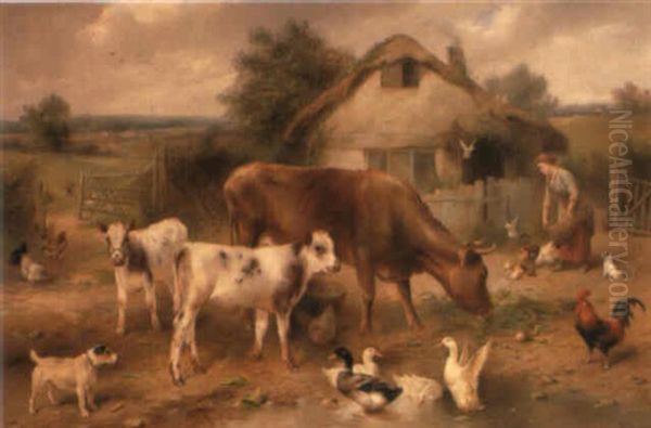 Cattle, Ducks And Chickens In A Farmyard - view 1