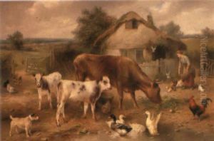 Cattle, Ducks And Chickens In A Farmyard by Walter Hunt