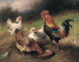 A Cockerel And Chickens In A Landscape by Walter Hunt