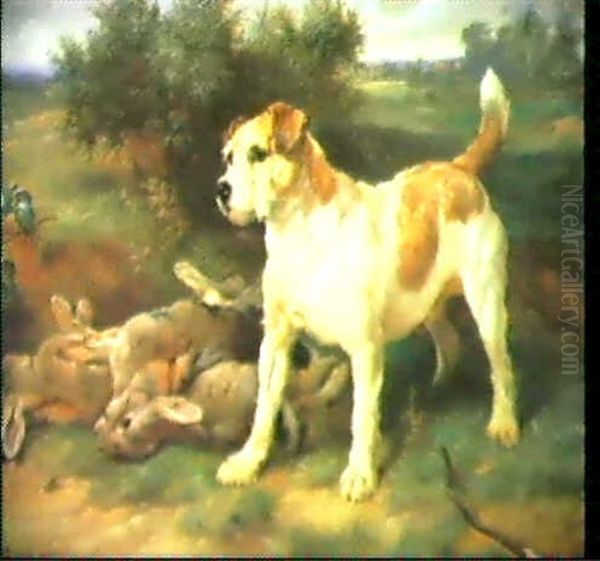 Vorstehhund Mit Hasen Vor Weiter Landschaft - view 1