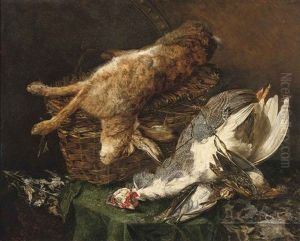 A Hare In A Basket, A Partridge And Two Quails On A Half Draped Marble Table