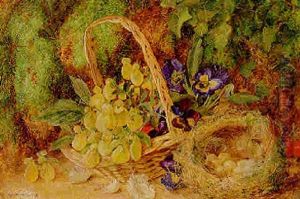Violas, Calceolaria, A Basket And A Bird's Nest, On A Mossy Bank by William Henry Hunt