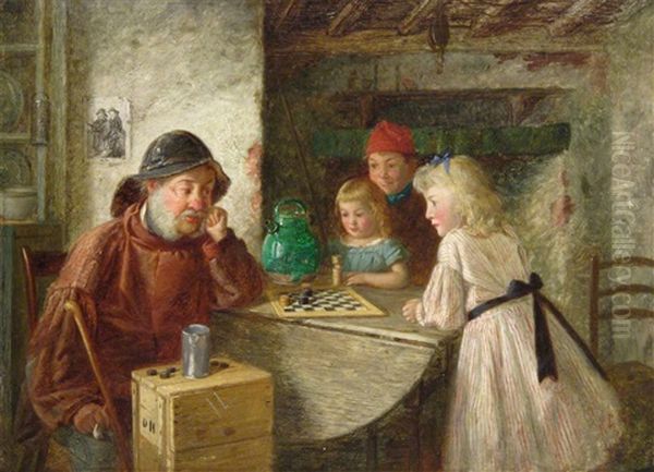 Children And A Fisherman In A Cottage Playing Draughts - view 1