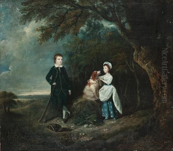 Portrait Of A Young Boy Holding A Cricket Bat With A Young Girl And A Spaniel In An Extensive Landscape - view 1