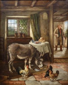 Cottage Interior With Donkey And Poultry