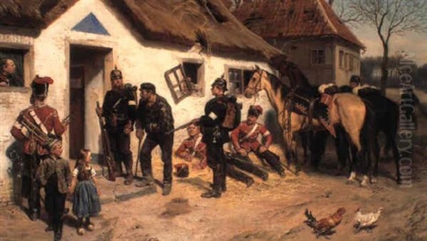 Soldiers Searching A Country Cottage With Peasants Standing By - view 1