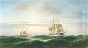 Three-master At Sunset by Franz Johann (Wilhelm) Huenten
