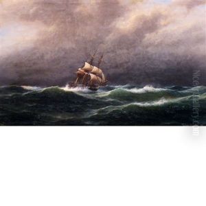 Barkentine Sailing Ship On Stormy Seas by Franz Johann (Wilhelm) Huenten
