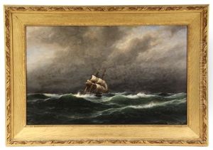 Barkentine Sailing Ship On Stormy Seas by Franz Johann (Wilhelm) Huenten