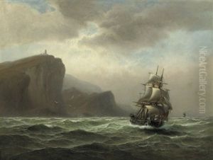 A Three-master By A Rocky Coast by Franz Johann (Wilhelm) Huenten