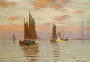 Kutter Und Dampfer Auf Der Abendlichen Elbe