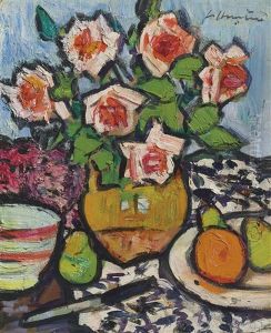 Still Life With Roses, Fruit And Knife by George Leslie Hunter