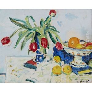 A Still Life Of Tulips And Fruit by George Leslie Hunter