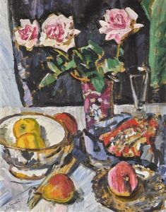 Still Life Of Pink Roses With Fruit And A Glass by George Leslie Hunter