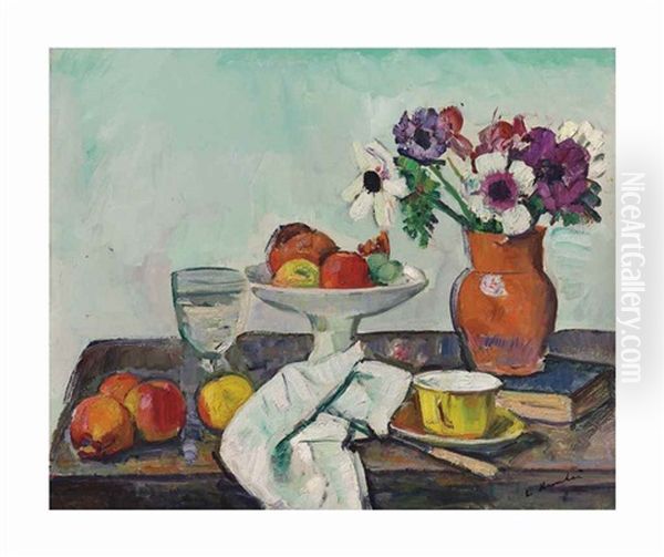 Anemones In A Red Vase, Yellow Teacup And Apples - view 1