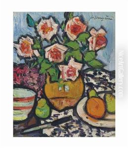Still Life With Roses, Fruit And Knife by George Leslie Hunter