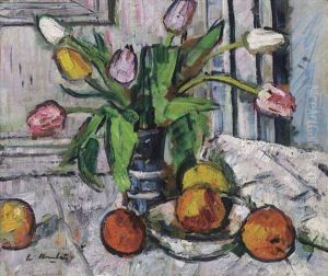 Tulips In A Blue Vase by George Leslie Hunter