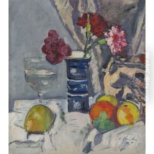 A Still Life Of Roses And Fruit by George Leslie Hunter