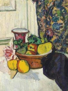 Still Life With Fruit, A Rose And A Pink Vase by George Leslie Hunter