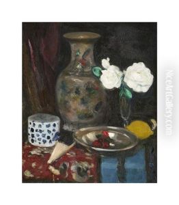 Still Life With A Chinese Vase And White Roses by George Leslie Hunter