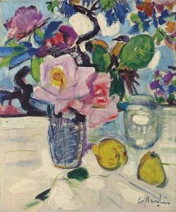 Still Life With Roses And Fruit by George Leslie Hunter