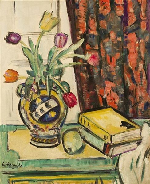 Still Life: Books And A Pear And Tulips In A Vase - view 1